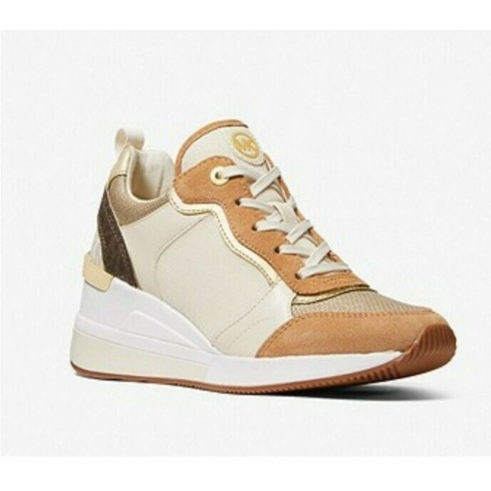 Michael Kors Crista Suede Metallic Canvas  Sneaker Shoes Ecru